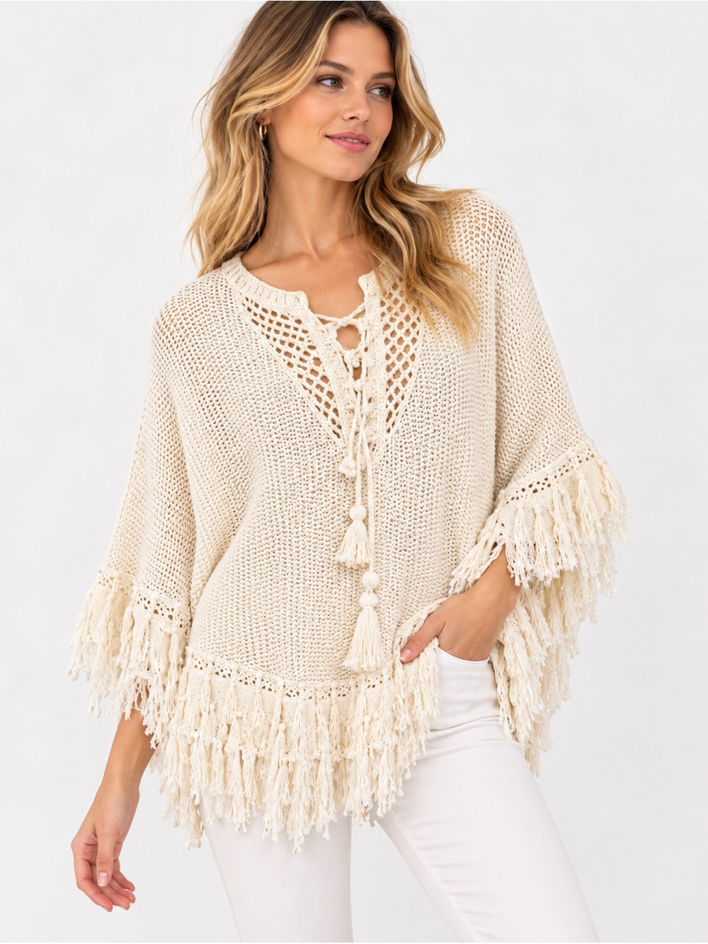 Lilly Pulitzer Val Sweater Poncho S/M Ivory Crochet Fringe Boho Coastal Resort